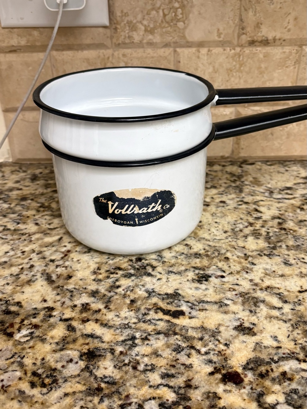 White Enamel Saucepan with Black Trim - Classic Kitchen Pot